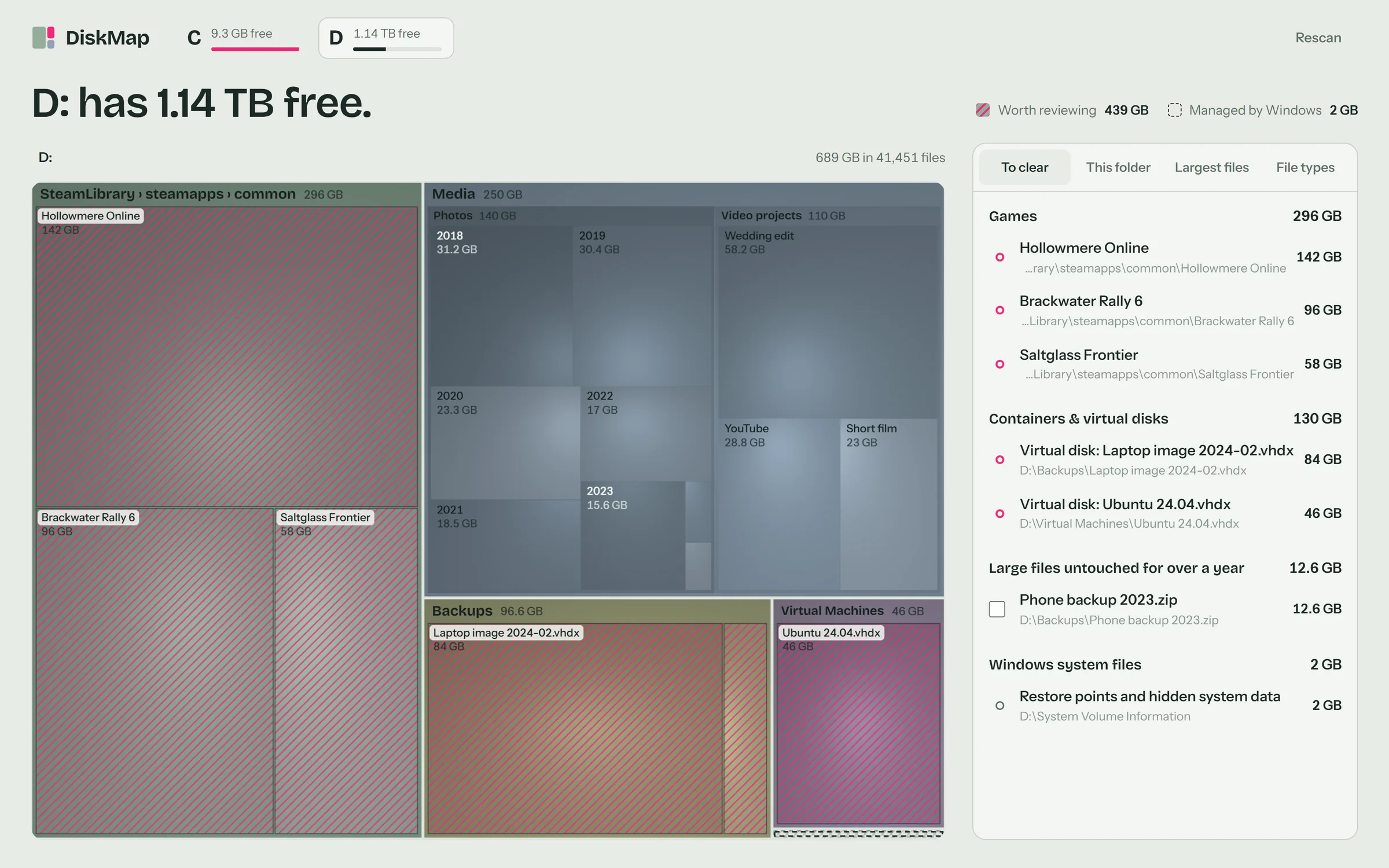 DiskMap showing a second drive full of games, photos, video projects and backups